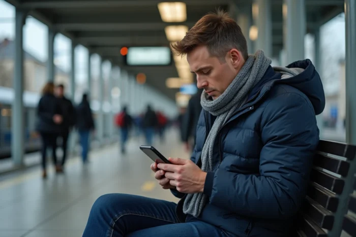 Homme en gare consultant une application de transport sur smartphone pour se rendre à Arena Versailles
