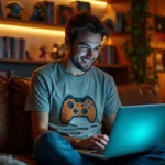 Jeune homme passionné de culture geek assis dans son salon entouré de figurines, mangas et comics, consultant un site d'actualités pop culture sur son ordinateur portable