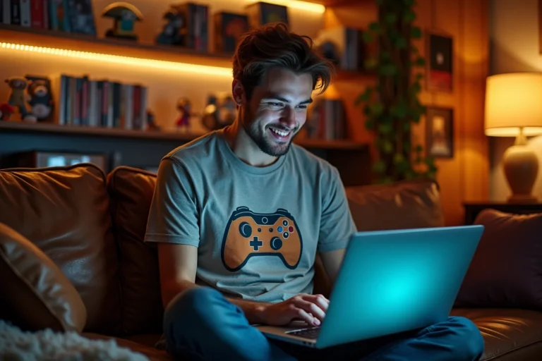 Jeune homme passionné de culture geek assis dans son salon entouré de figurines, mangas et comics, consultant un site d'actualités pop culture sur son ordinateur portable