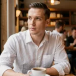 Homme imberbe d'une trentaine d'années assis dans un café, visage lisse et naturel, illustrant l'absence de barbe