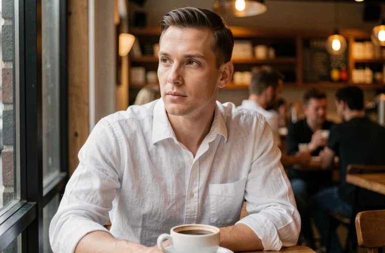 Homme imberbe d'une trentaine d'années assis dans un café, visage lisse et naturel, illustrant l'absence de barbe