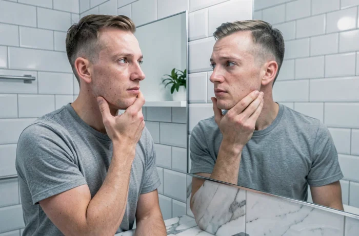 Jeune homme imberbe s'observant dans un miroir de salle de bain, explorant l'absence de pilosité faciale