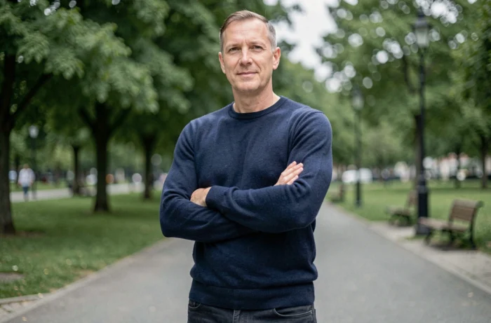 Homme imberbe d'une quarantaine d'années dans un parc urbain, visage lisse et expression confiante illustrant l'absence naturelle de barbe