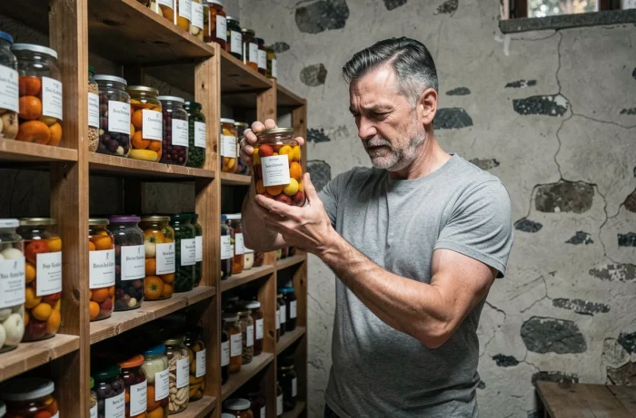 Homme inspectant un bocal de fruits conservés dans l'alcool dans une cave de conservation rustique
