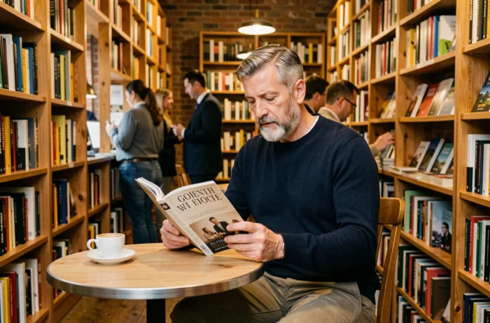 Homme lisant un magazine littéraire dans une librairie indépendante avec café, entouré de rayonnages en bois remplis de livres