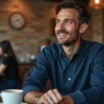 Homme marié portant une alliance regardant discrètement une autre personne dans un café urbain
