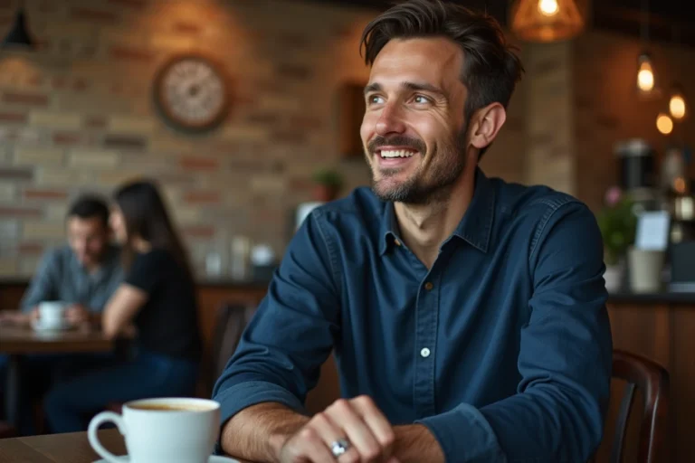 Homme marié portant une alliance regardant discrètement une autre personne dans un café urbain