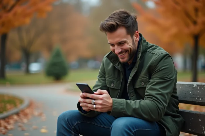Homme marié souriant secrètement à son téléphone portable sur un banc de parc en automne