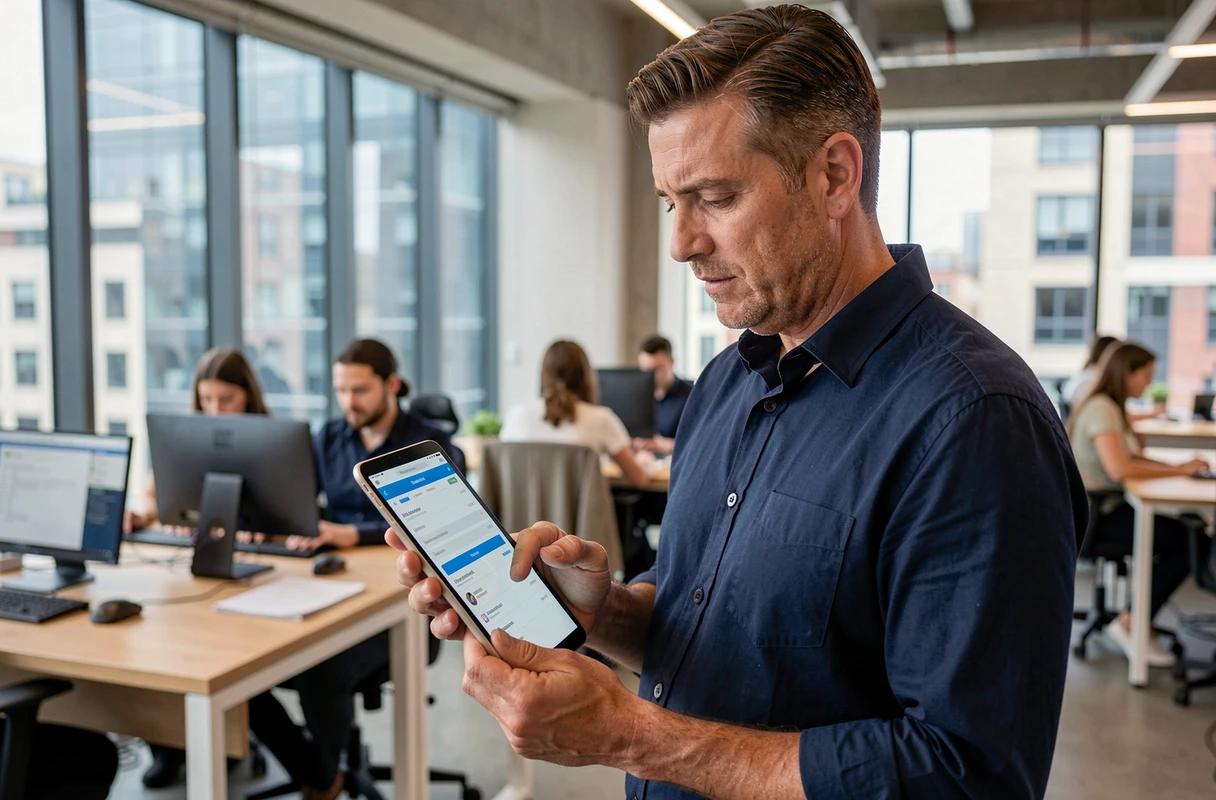 Homme parcourant le plan complet d'un site web sur une tablette dans un espace de coworking moderne
