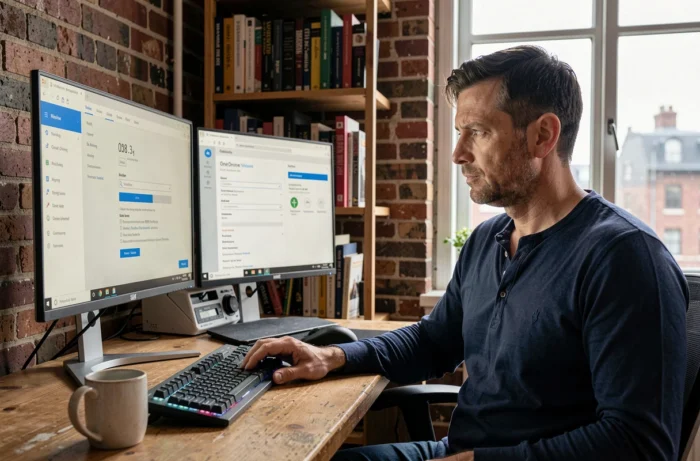 Homme configurant les paramètres de synchronisation OneDrive sur un double écran en télétravail