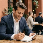 Homme préparant soigneusement un troisième rendez-vous amoureux dans un café en consultant ses notes dans un carnet en cuir