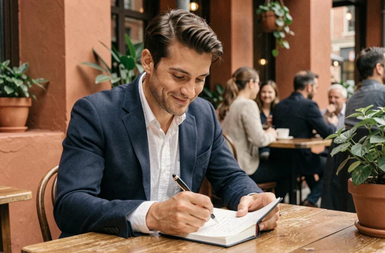Homme préparant soigneusement un troisième rendez-vous amoureux dans un café en consultant ses notes dans un carnet en cuir