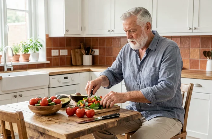 Homme senior souriant préparant une salade de légumes frais dans sa cuisine pour adopter une alimentation saine après 60 ans