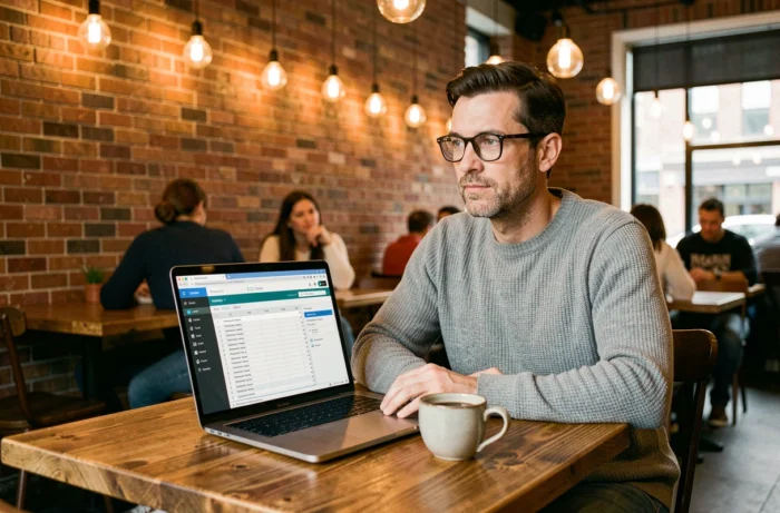 Un homme travaillant sur une stratégie de référencement naturel dans un café avec un ordinateur portable