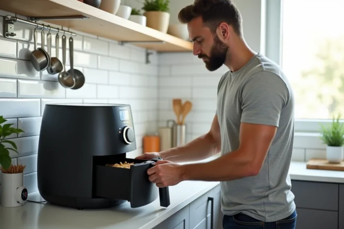 Homme vérifiant la cuisson du riz dans un Air Fryer Moulinex ouvert dans une cuisine moderne avec carrelage blanc