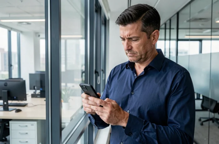 Homme en bureau vérifiant un numéro de téléphone avec l'indicatif +39 provenant d'Italie