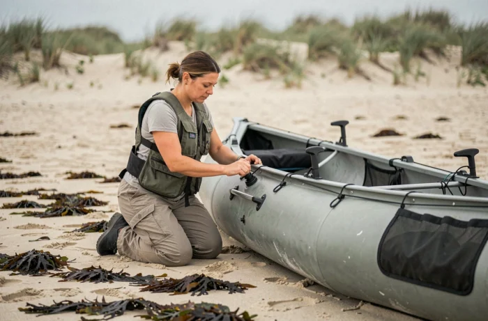 Femme inspectant les valves d'un canoë gonflable de pêche sur une plage atlantique