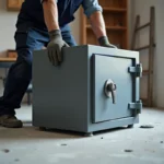 Installateur professionnel positionnant un coffre-fort à sceller au sol en béton dans un bureau résidentiel
