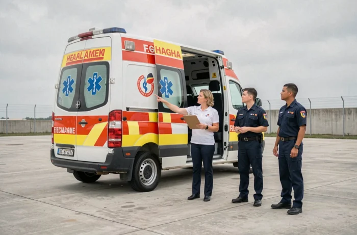 Instructrice ambulancière expliquant les procédures à des stagiaires devant une ambulance lors d'une formation en Belgique