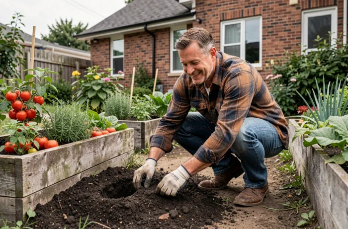 Homme entretenant un potager urbain avec des bacs en bois remplis de légumes et de plantes aromatiques