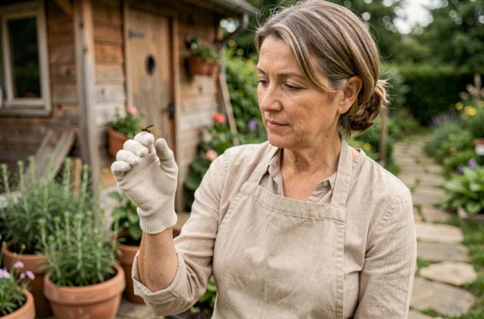 Jardinière observant un ophone insecte sur son doigt ganté dans un jardin naturel