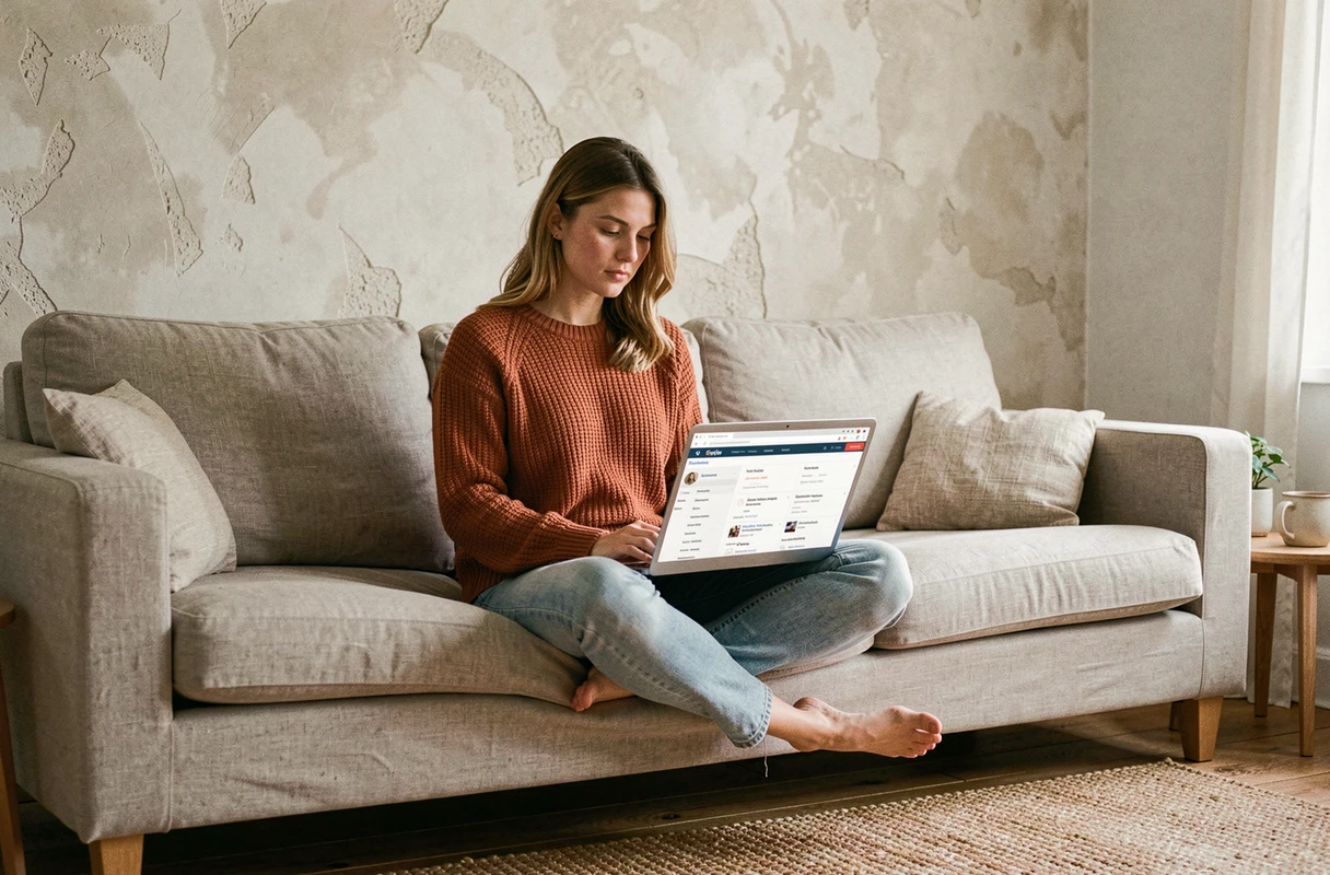 Jeune femme explorant la liste des pages d'un site web sur un ordinateur portable dans un salon cosy