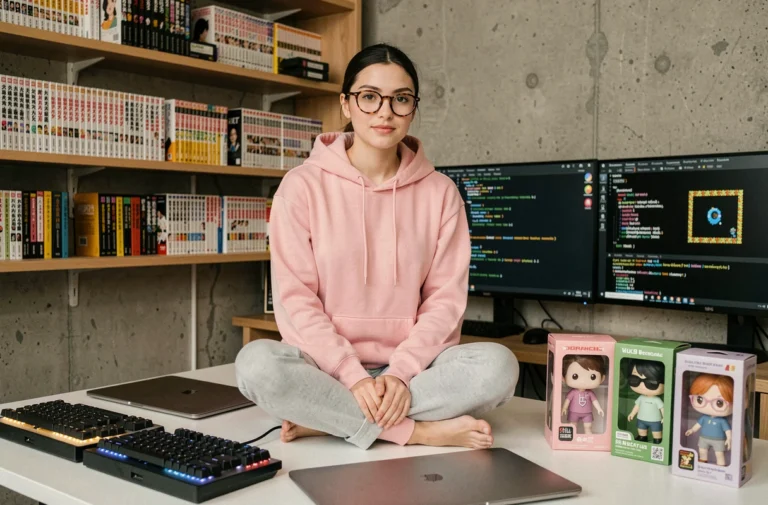 Jeune femme geek entourée de gadgets high-tech et figurines pop culture sur un bureau minimaliste