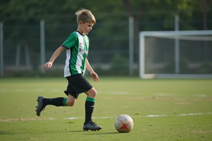Jeune footballeur adolescent en maillot vert dribblant un ballon sur un terrain municipal français lors d'un entraînement de club
