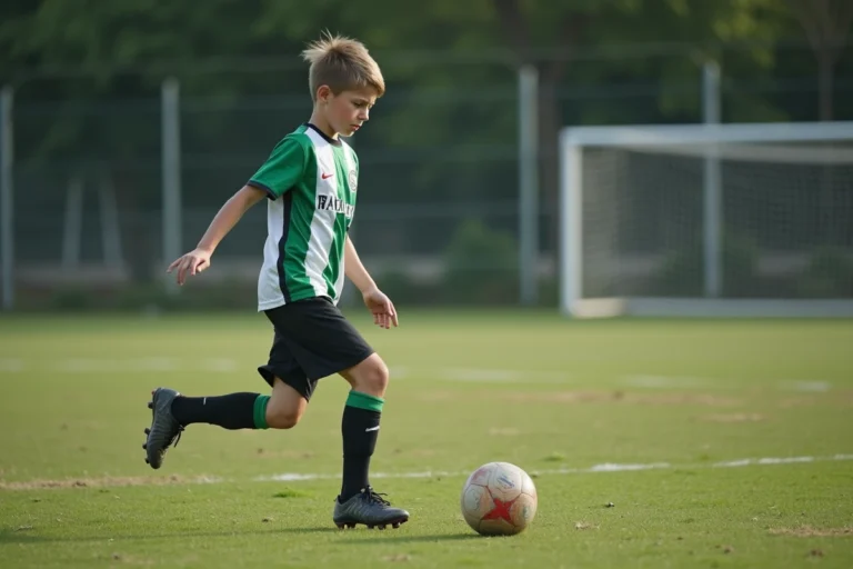 Jeune footballeur adolescent en maillot vert dribblant un ballon sur un terrain municipal français lors d'un entraînement de club