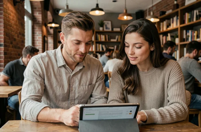 Deux jeunes adultes consultant un accord de confidentialité numérique sur une tablette dans un café urbain, symbolisant la protection des droits en ligne