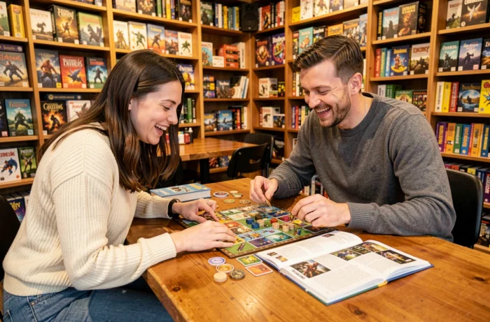 Deux amis jouant à un jeu de société stratégique dans un café ludique entouré de nombreux jeux de plateau