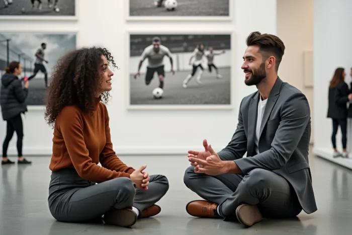 Journaliste interviewant un footballeur professionnel dans une galerie d'art contemporain exposant des photographies sportives