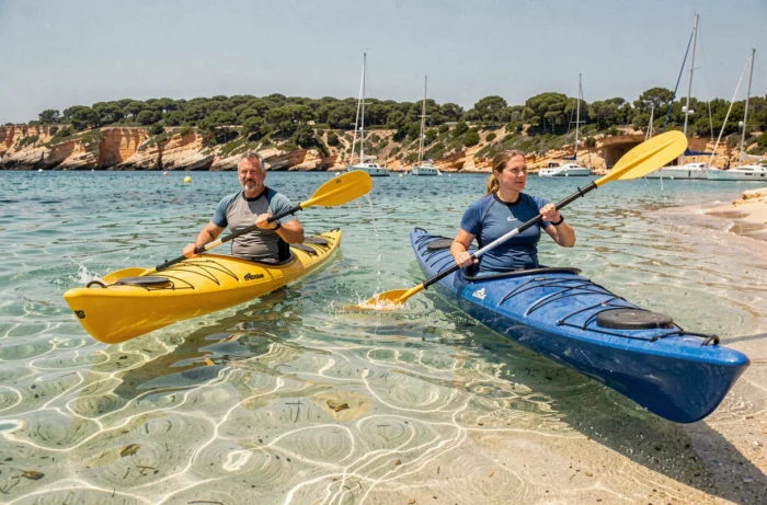 Deux kayakistes pagayant dans les eaux turquoise de la presqu'île de Giens avec falaises et voiliers en arrière-plan
