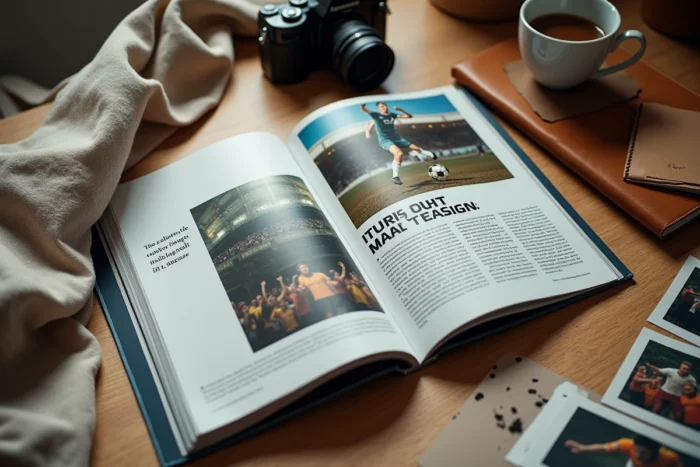 Mise en scène éditoriale d'un magazine culturel football avec appareil photo, notes et planches contacts sur un bureau en bois