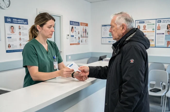 Médecin remettant une ordonnance à un patient âgé dans une maison médicale de garde