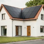 Maison individuelle moderne avec panneaux solaires photovoltaïques noirs intégrés sur le toit, illustration de la valorisation immobilière grâce à l'énergie solaire en 2024