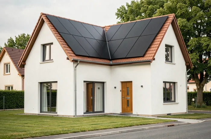 Maison individuelle moderne avec panneaux solaires photovoltaïques noirs intégrés sur le toit, illustration de la valorisation immobilière grâce à l'énergie solaire en 2024
