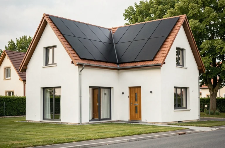 Maison individuelle moderne avec panneaux solaires photovoltaïques noirs intégrés sur le toit, illustration de la valorisation immobilière grâce à l'énergie solaire en 2024