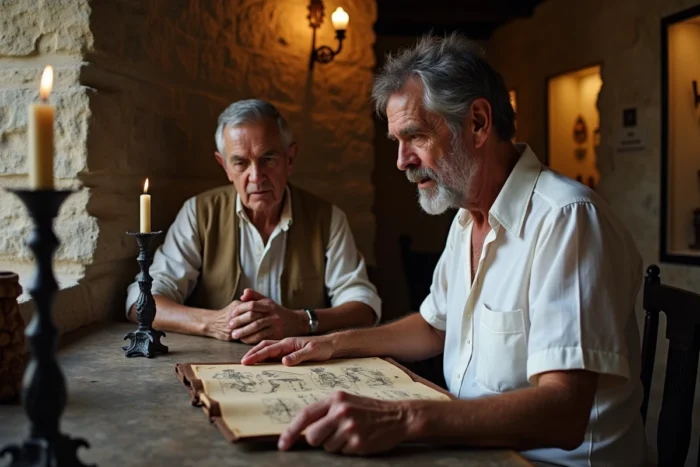 Homme corse et artisan examinant un manuscrit historique sur les tatouages traditionnels corses dans un musée de village à Bonifacio