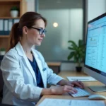 Médecin femme consultant des dossiers patients numériques dans un cabinet médical moderne et professionnel