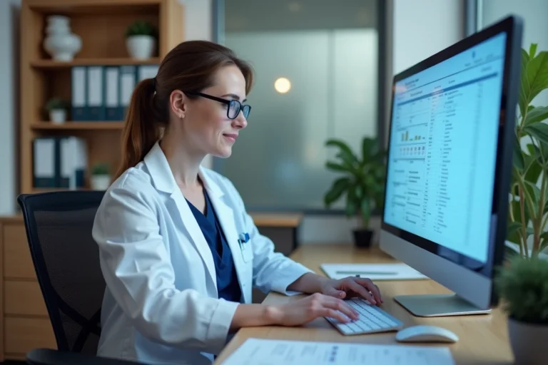 Médecin femme consultant des dossiers patients numériques dans un cabinet médical moderne et professionnel