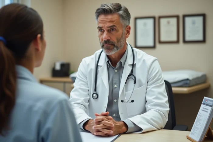 Médecin généraliste en consultation avec un patient dans un cabinet médical organisé et professionnel