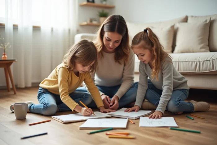 Mère et enfants dessinant ensemble sur le parquet du salon lors d'un moment de créativité partagée en famille