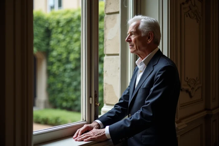 Portrait d'un homme distingué aux cheveux argentés debout près d'une fenêtre donnant sur un jardin à la française, illustrant la figure publique de Michel Platini