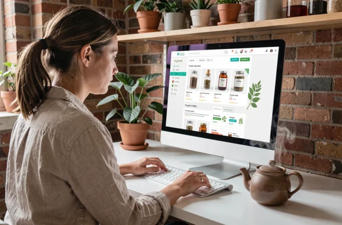 Femme consultant la structure d'un site e-commerce de thés bio sur un ordinateur de bureau dans un espace de travail minimaliste