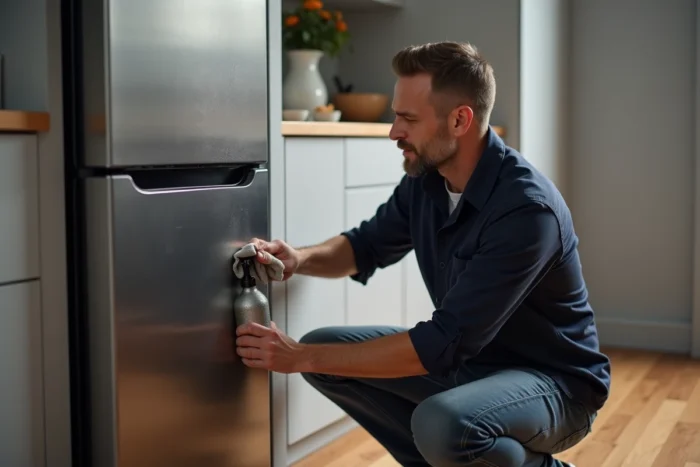 Homme nettoyant la surface en inox d'un réfrigérateur avec un produit d'entretien adapté