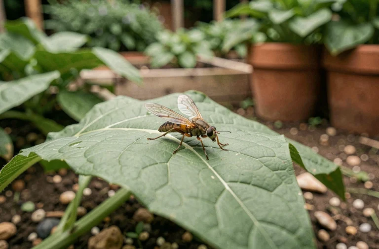 Gros plan macro d'un ophone insecte posé sur une feuille verte dans un jardin potager naturel