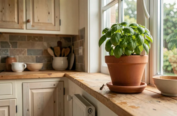 Ophone insecte sur un pot de basilic posé sur un rebord de fenêtre dans une cuisine rustique