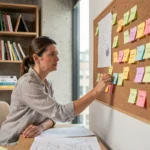 Femme organisatrice de contenu web arrangeant des fiches de navigation sur un tableau liège dans un bureau moderne