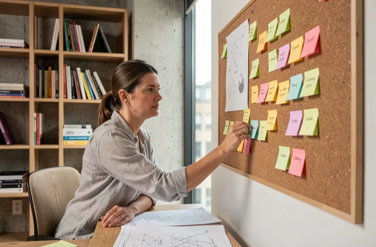 Femme organisatrice de contenu web arrangeant des fiches de navigation sur un tableau liège dans un bureau moderne